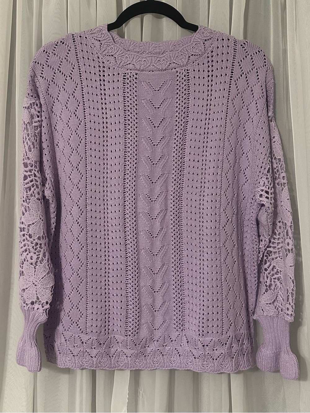 Lavender Lightweight Open Knit Crewneck Lace Sleeve Oversized Sweater Size S